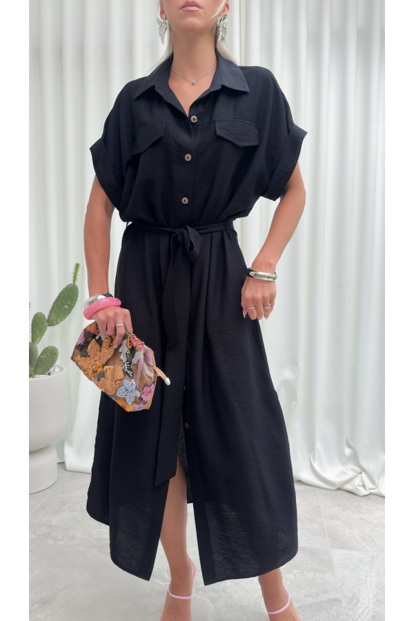 Sukienka Koszulowa Maxi Premium Wiązana w Pasie Elegancka Oversize Guziki Kieszenie - czarny